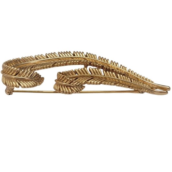 Trifari Crown Over T Gold Tone Chunk Feather Palm Leaves Brooch Pin, Signed E585 - Picture 5 of 11